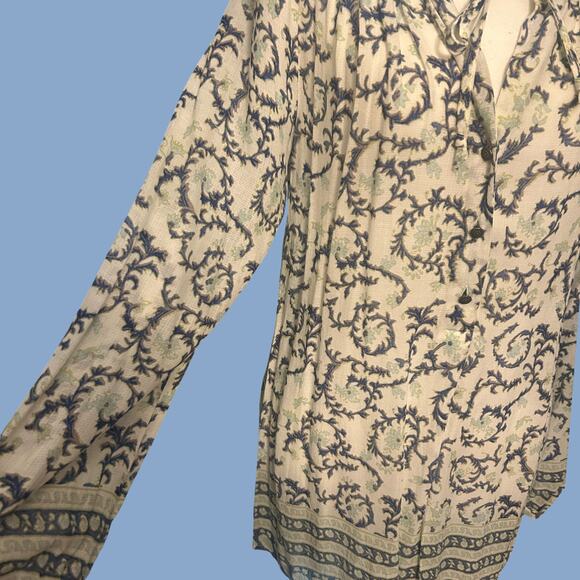 Lucky Brand Boho Floral Blouse | Tie Neck + Border Print | S - Picture 4 of 6